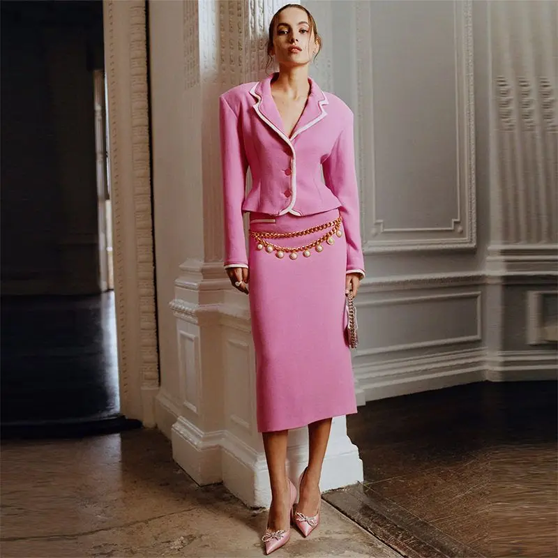 

Fashionable 2025 White Edged Color Block Small Suit Jacket And Midi Skirt Set Two Piece Set Celebrity Endorsed Quality Wear