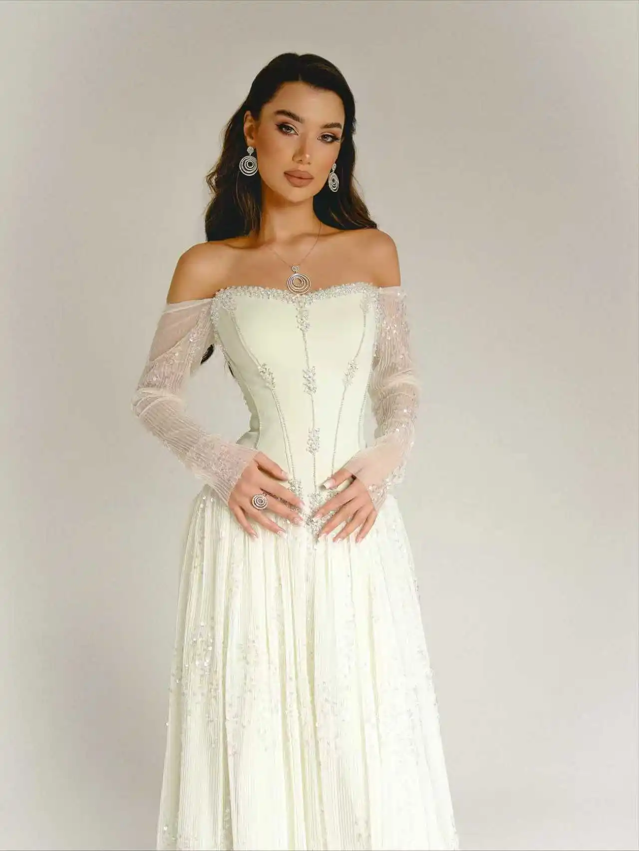 Sharon Said Elegantes Sweetheart-Abendkleid mit Transparenten Langen Ärmeln und Perlen für Hochzeiten, Partys und Bälle SS628 Maßanfertigung – Detail 7