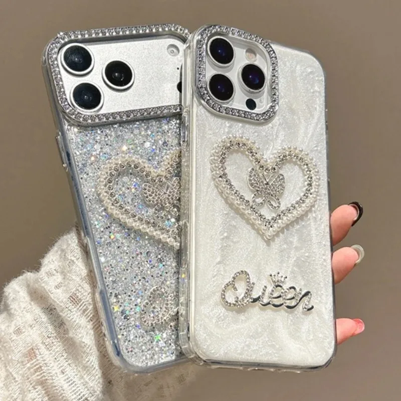 

Luxury Sparkling Diamond Pearl Love Butterfly Phone Case Suitable for iPhone17 16 15 14 13 12 11ProMax Anti Drop Protection Case