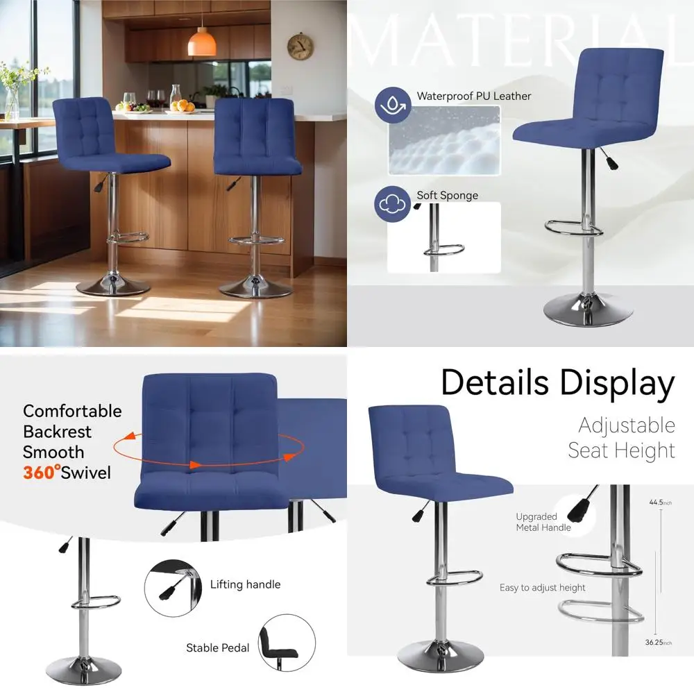 Blue Square Cushion Bar Stools Set with Back, 2 Counter Height Chairs for Cafe Use