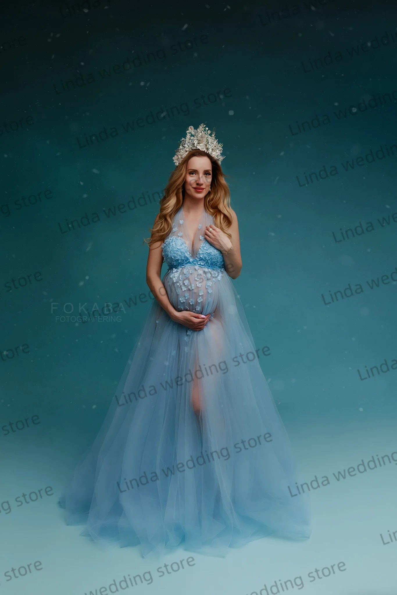 Light Blue Maternity Gowns for Photoshoot Illusion V Neckline Cocktail Dress for Baby Shower Robe Dress Lace Appliques