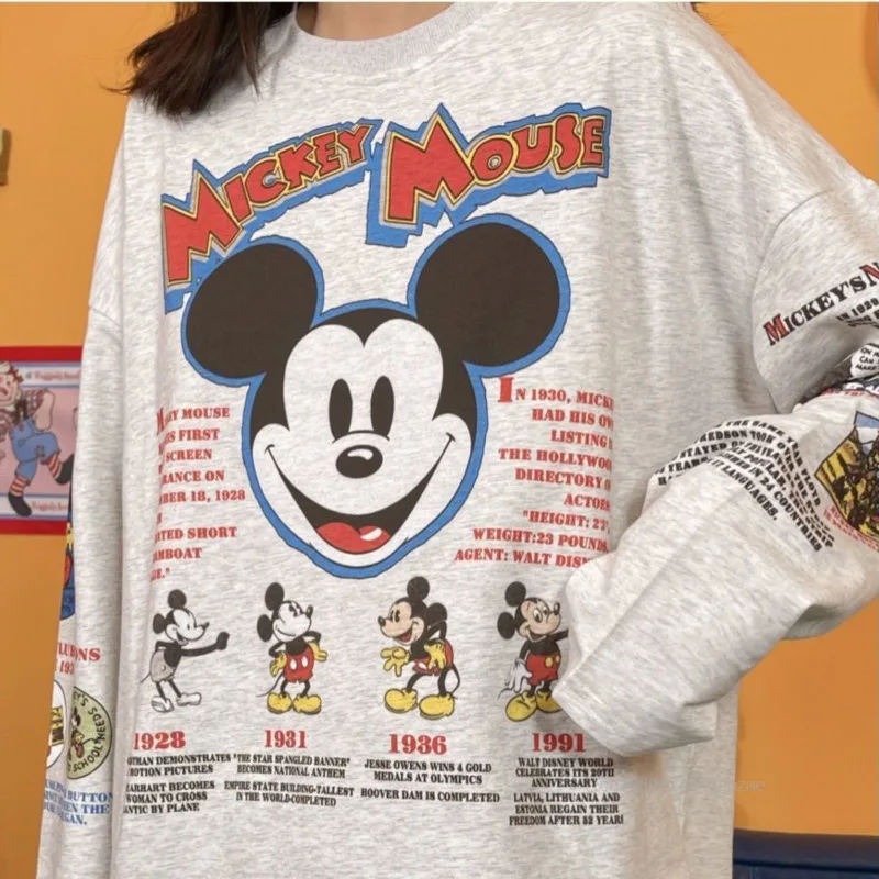 Disney Mickey Pure Cotton Letter Print Long Sleeved T-shirt Men Women Loose Vintage Trend Tees Korean Version Simple Casual Top