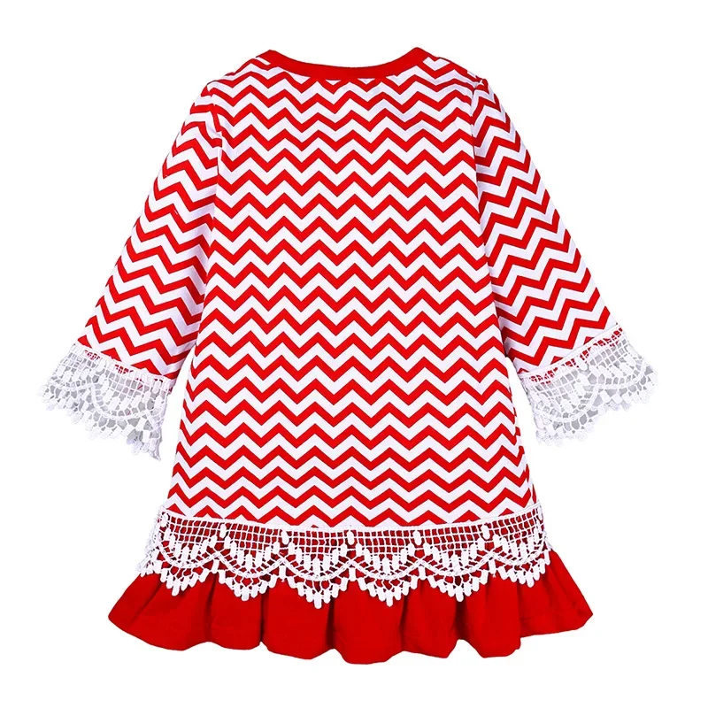 2023 Baby Girls Christmas Long Sleeve Dress Children Cotton Clothes Toddler Girls Santa Embroidered Wave Ruffle Pleated Dresses