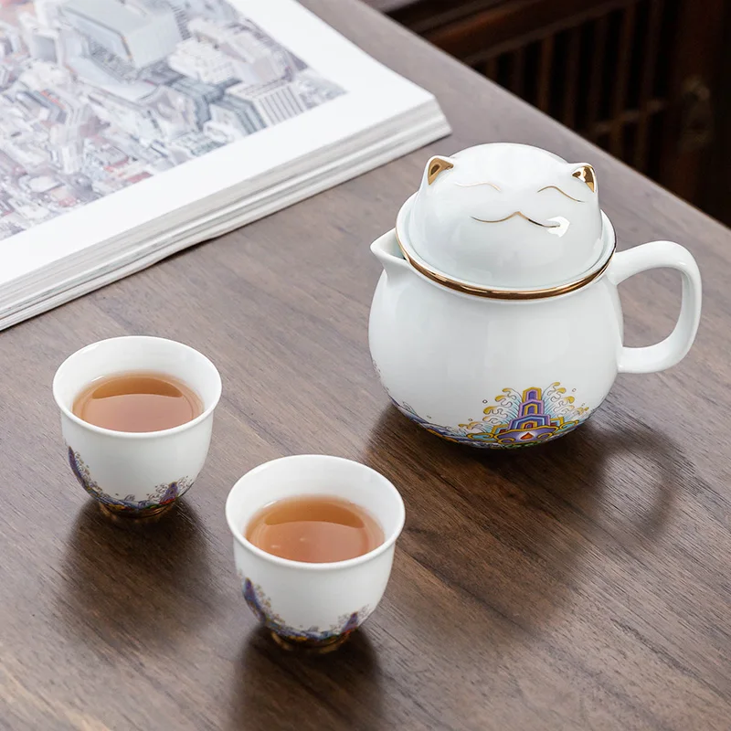 

Cute Lucky Cat Pocelain Tea Set Creative Maneki Neko Ceramic Tea Cup Pot with Strainers Lovely Plutus Cat Teapot Travel Teaware