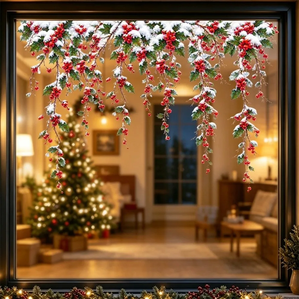 Red Berries Christmas Electrostatic Stickers Vivid Color Reusable Static Window Cling Stickers PVC No-Glue