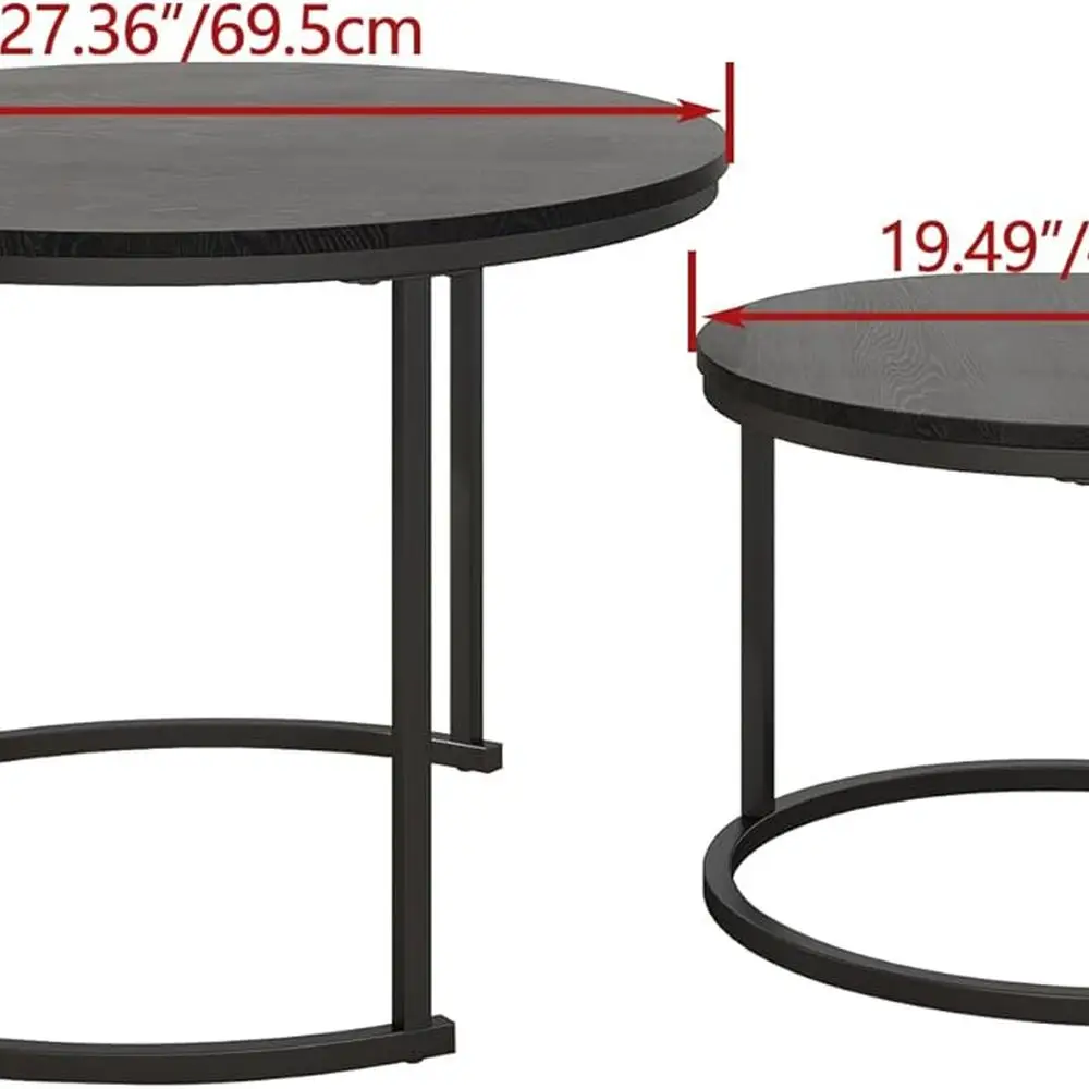 Black Nesting Coffee Table Set, 2 Wooden Accent End Tables with Metal Frame for Living Room, Sturdy Stackable Side Tables, Easy