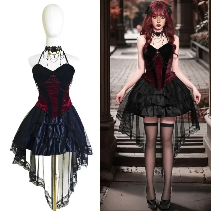 Adult Women Gothic Victorian Cosplay Costume Women Black Burgundy Lace Tiered Skirt Devil Witch Halloween Theme Party Outfit - view 6