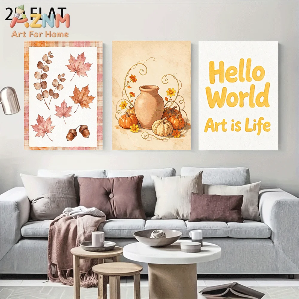AZNM Frameless Canvas Wall Art, Watercolor Maple Leaf Acorn Pumpkin Vase Print, Warm Fall Botanical Text Quote Art Wall Decor fo