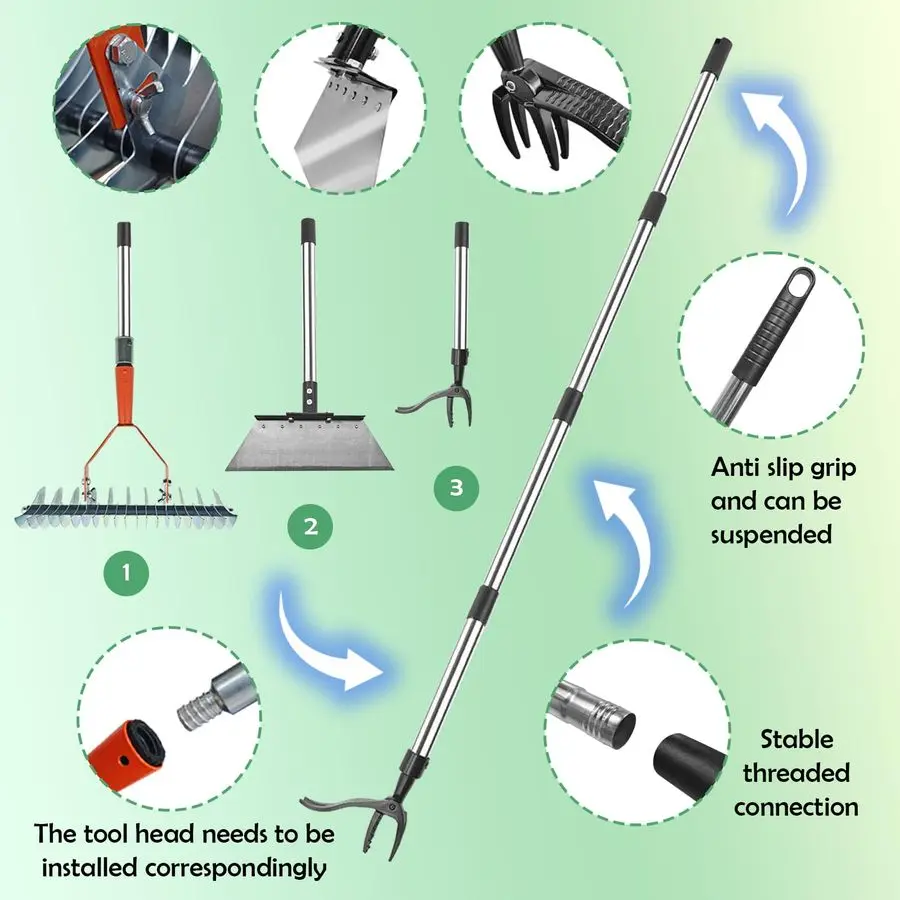 أداة سحب الأعشاب، مكشطة مجرفة مسطحة متعددة 12 شديدة التحمل، 14 مشط من الفولاذ مع مقبض طويل قابل للتعديل لأوراق الشجر ومضخم الطحلب Ed
