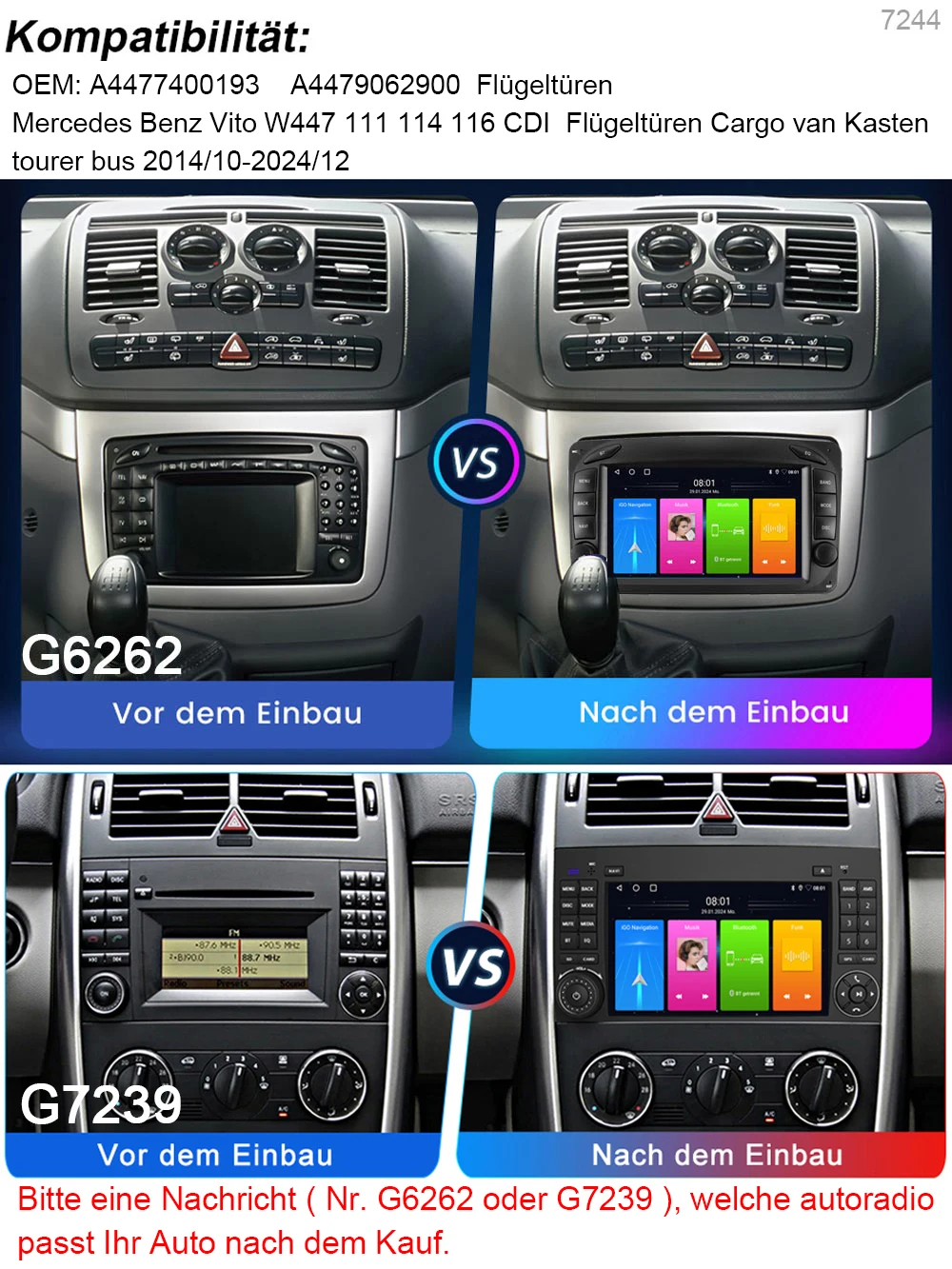 Android Car Radio with GPS Navigation+360° Panoramic Camera for Mercedes Benz Vito W447 111 114 116 CDI Gullwing doors Cargo van