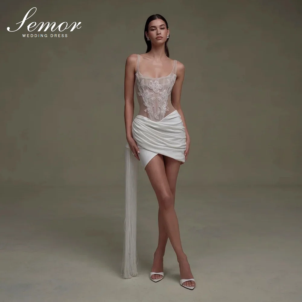 Semor Modern Minimalist Short Wedding Dress Sheer Lace Corset Sexy Fringe Detail Unique Drape Charming Bridal Gown Customized