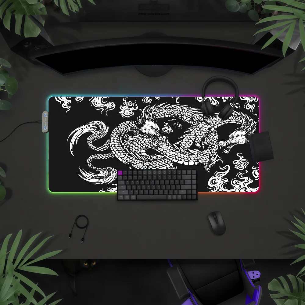 White Dragon   Mouse Pad Waterproof RGB LED Light Colorful Game Keyboard Non-slip Cover Desk-mat Surface