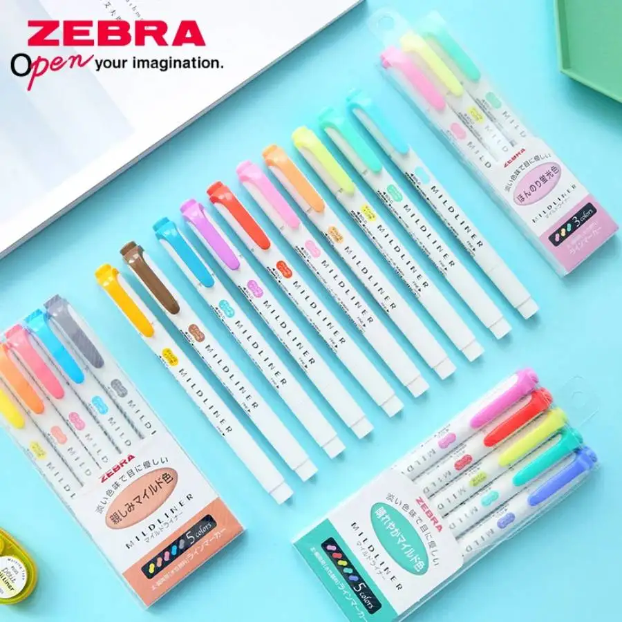 ZEBRA 10pcs WKT7 Highlighter Set, Mildliner Soft Dual Head Color Marker Brush Pens, Kawaii School Supplies for Teachers Children