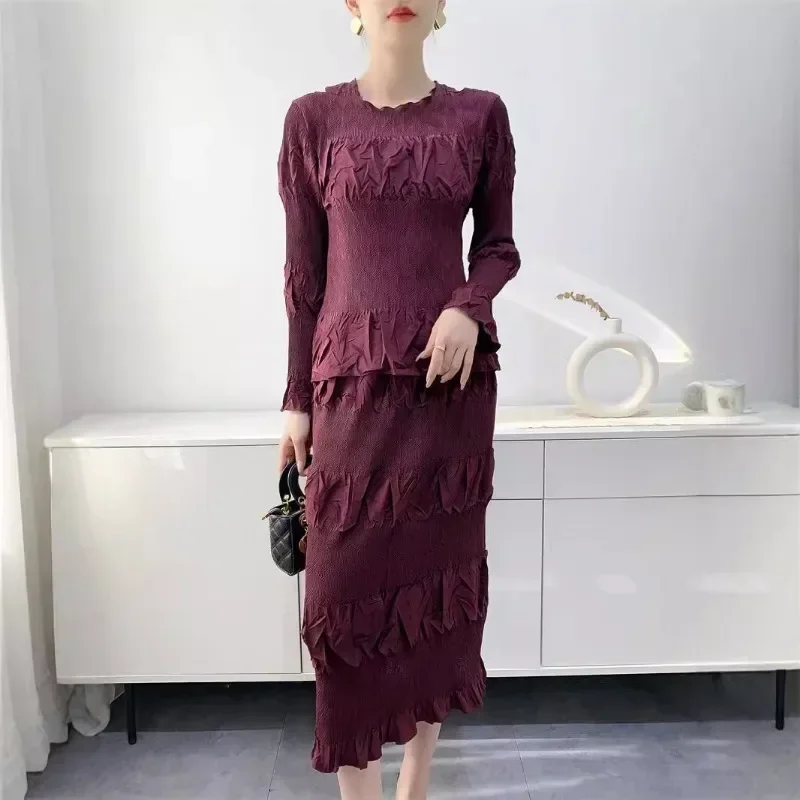 Miyake Embroidery Pleated Skirt Set Women Heavy Embroidery Comfortable Casual Commuter Long Sleeve Top +Half Skirt Two Piece Set