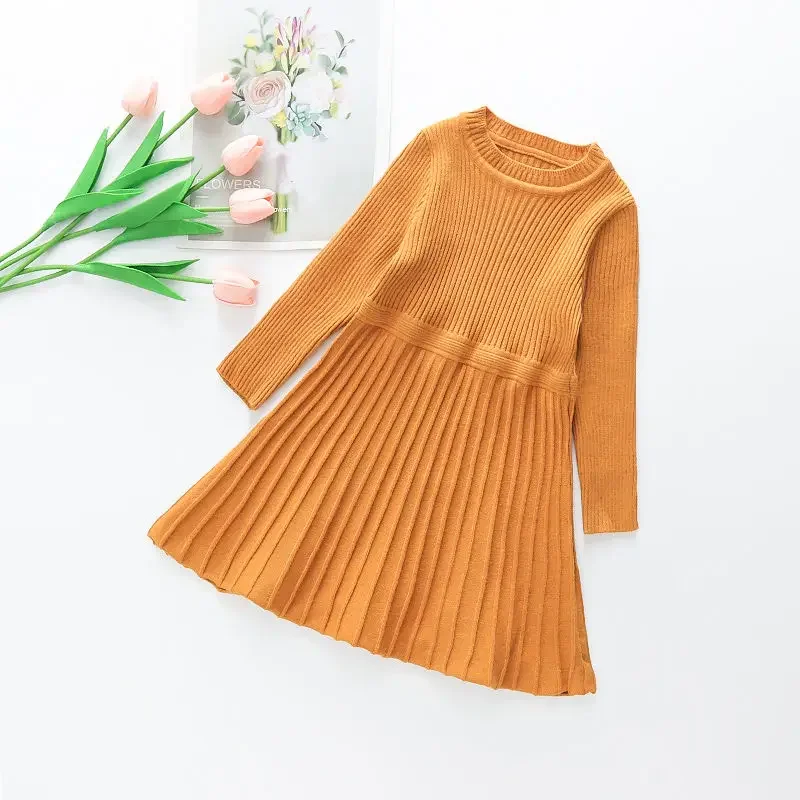 Kids Girl Knitted Dress 2024 New Children Casual Cotton Dress Spring Autumn Navy Gray Pleated Dresses Japanese Korean Style