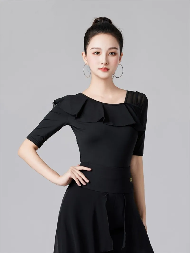 Latin Girls Rhinestones Korean Style Clothing Moden Mesh Patchwork Ballroom Standard Dance Skirts Women Classical Ruffle Tops