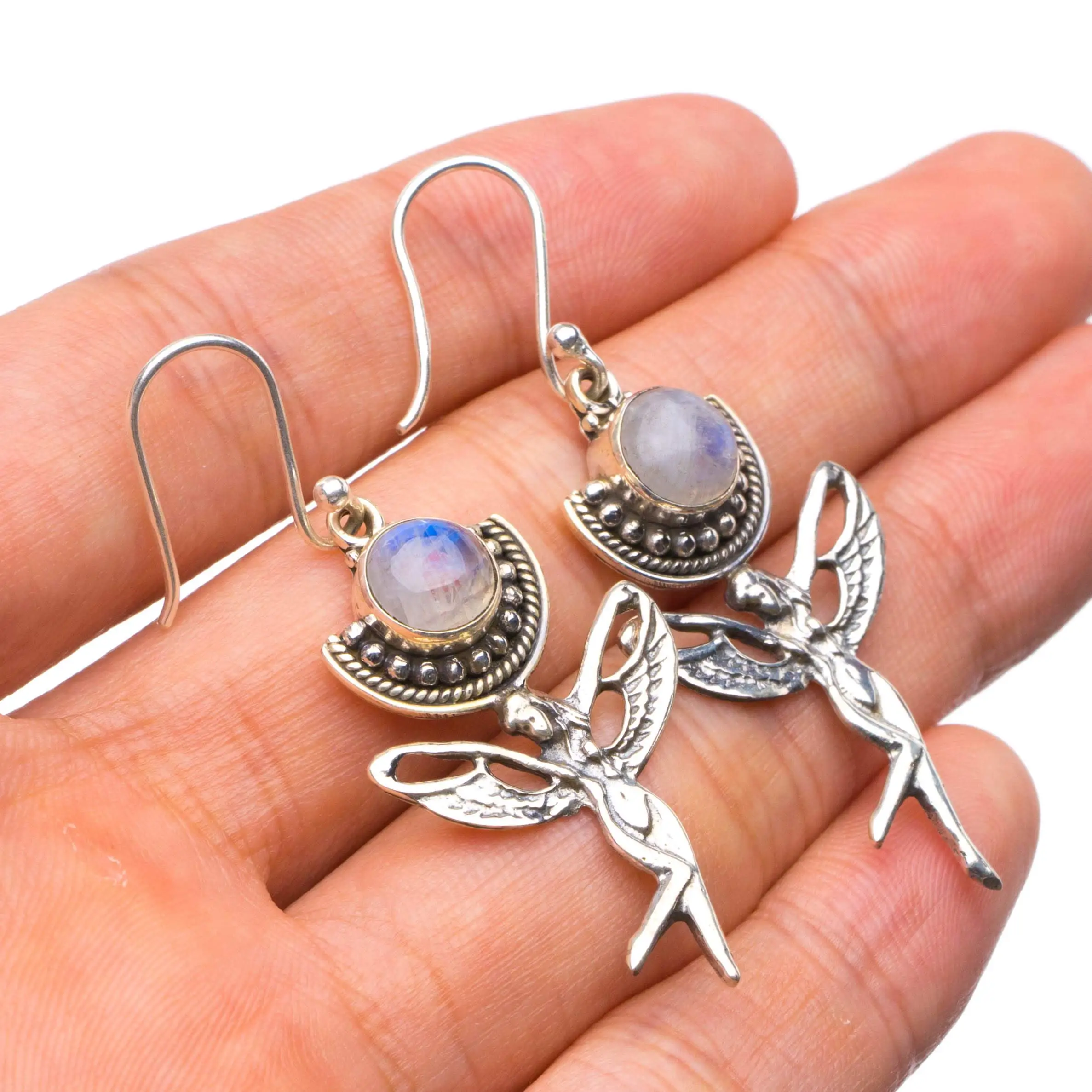 

StarGems® Natural Rainbow Moonstone Handmade Unique Fariy Shape 925 Sterling Silver Earrings 2" X4714