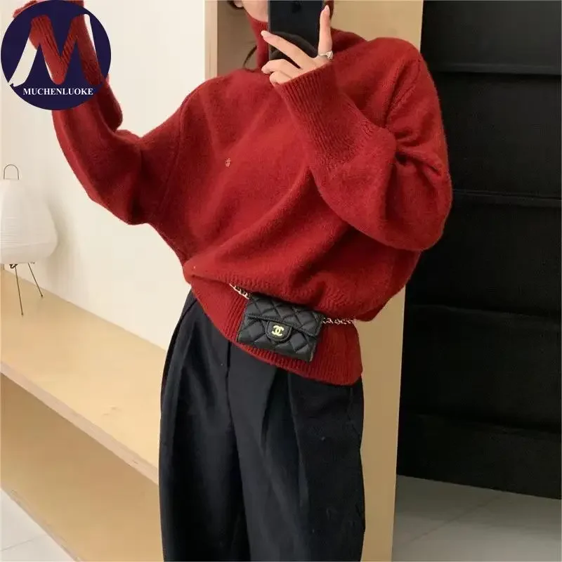 

Women's Autumn Winter High Neck Long Sleeve Sweater Loose Knitted Casual Fashionable Lazy Style Top