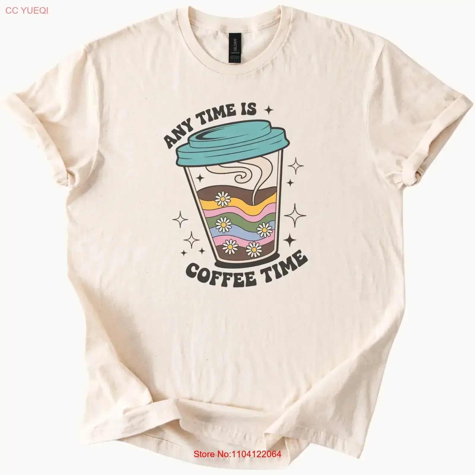 Coffee Time T Shirt Retro Takeout Cup with Groovy Flowers Design vintage Washed designer clothes Casual Soft