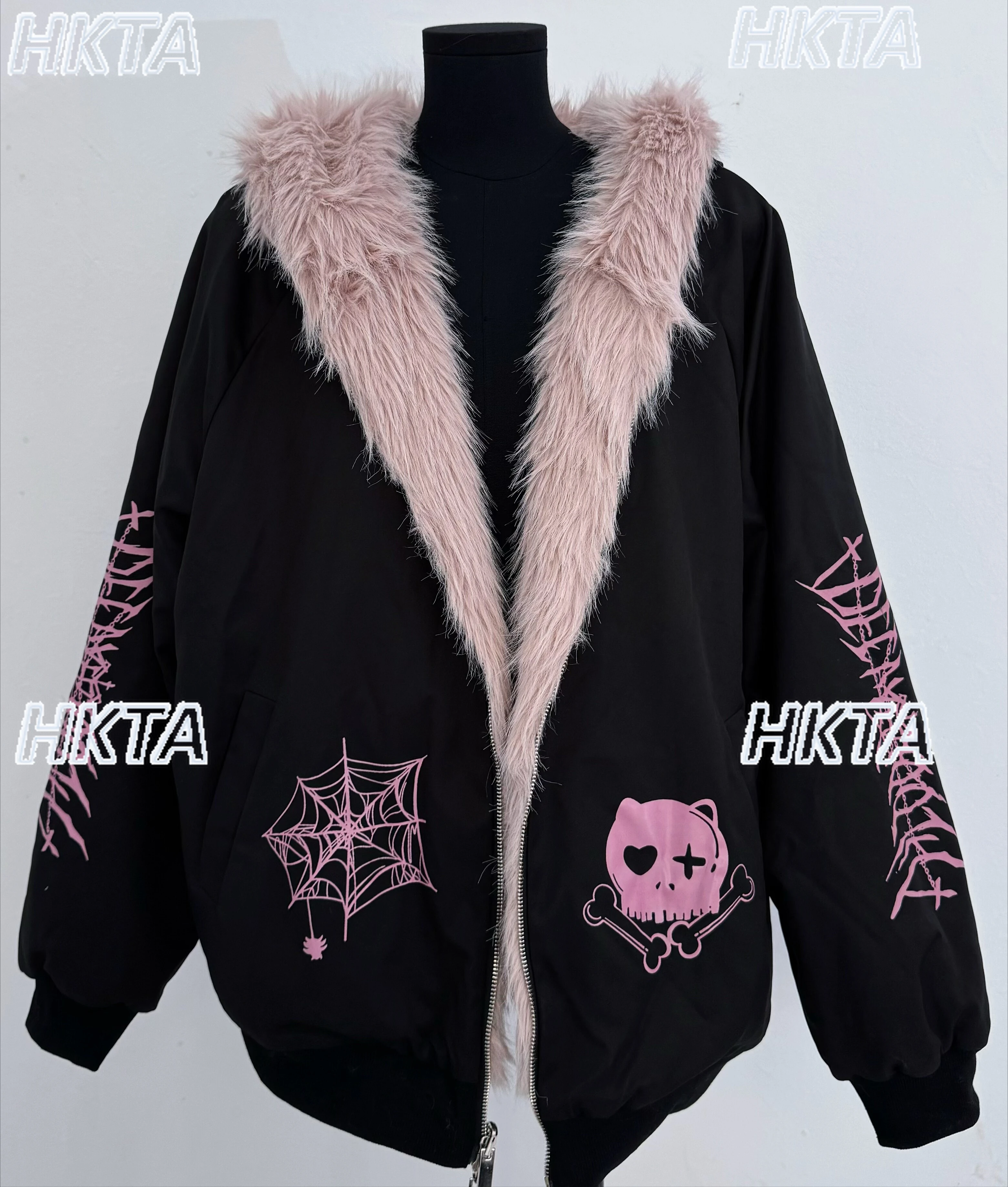 Japanese Subculture Dark Y2k Double Sided Cotton Jacket Black Parkas Winter Warm Fluff Stitching Loose Print Hooded Coats Women