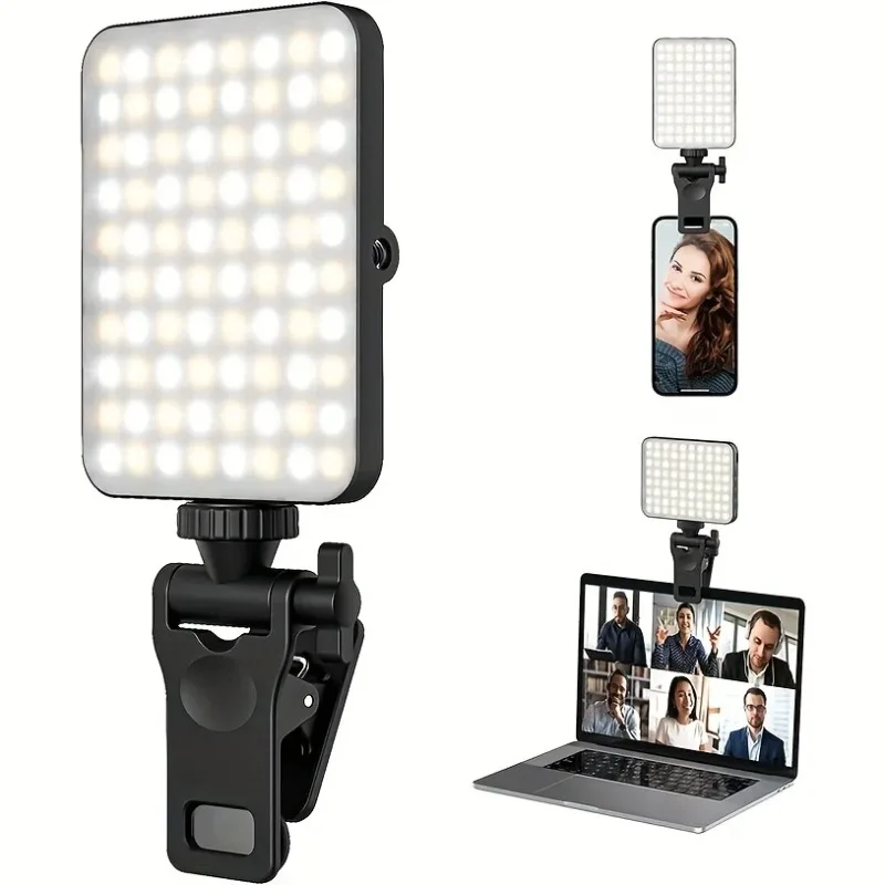 1pc Rechargeable Magnetic LED Selfie Light,3 Modes Dimmable Light,3000mAh,Clip-On for Phone/ Laptop/ PC,Makeup,Video