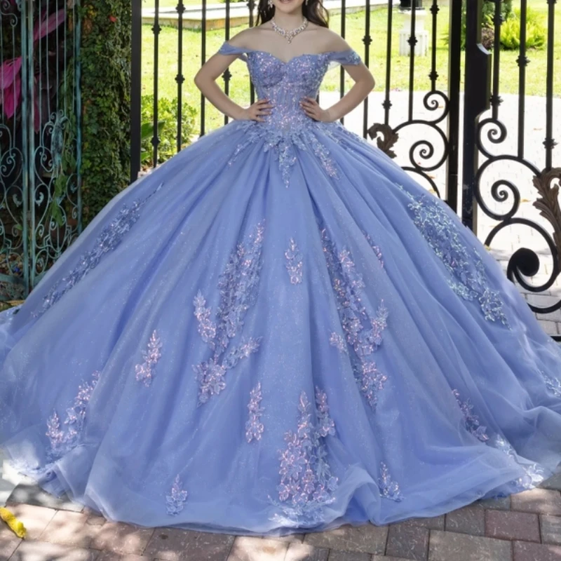 

Lavender Shiny Quinceanera Dresses Ball Gown Off The Shoulder Applique Lace Beads Corset Tull Party Birthday Sweet 16 Vestidos15
