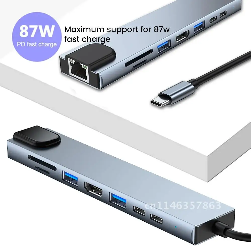 USB 3.0 Type-C Hub 8-IN-1 To HDMI-compatible 4K USB C Hub with Hub 3.0 TF SD Reader Slot RJ45 PD for MacBook Pro/Air/Huawei Mate