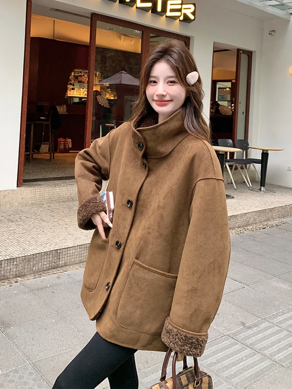 Dwustronny płaszcz damski z karmelowej skóry, ocieplany futrem jagnięcym, idealny na jesień i zimę, ciepły, bawełniany.