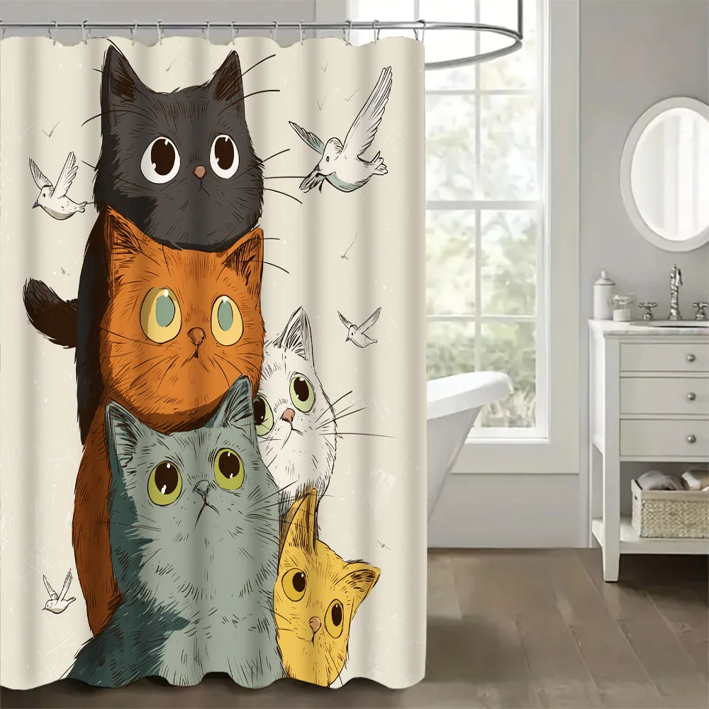 Cute Cat Stack Shower Curtain, Funny Cartoon Kitten Waterproof Bath Curtain, Pet Lover Animal Bathroom Decor for Kids