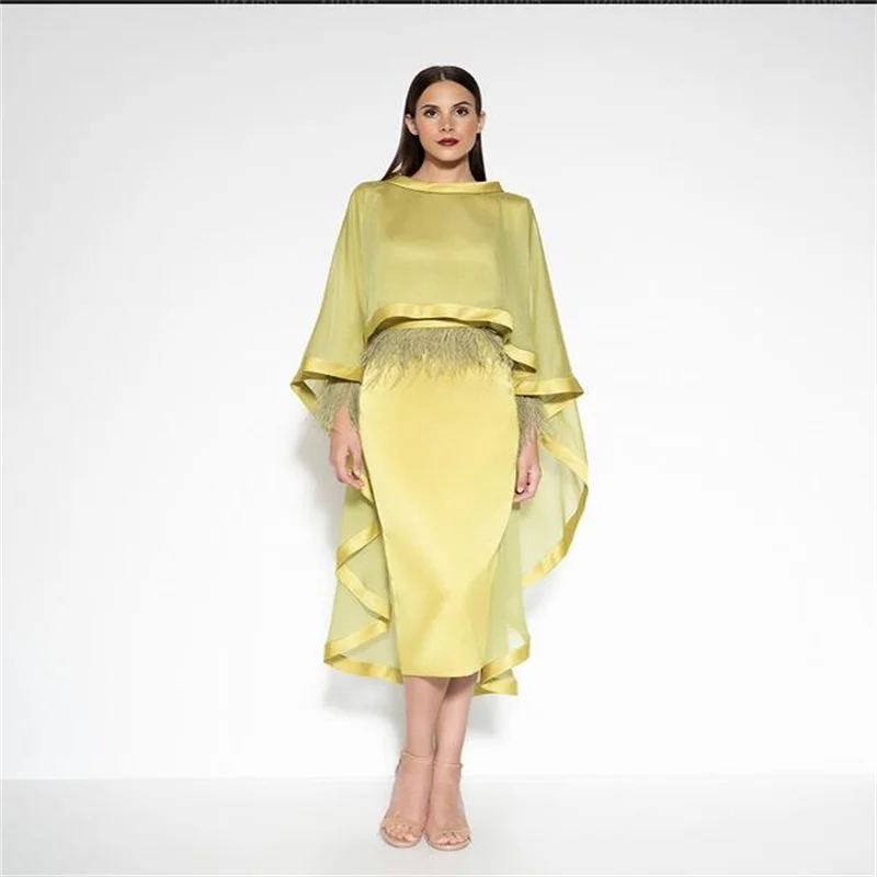 

Long Sleeve Prom Dress With Feathers Cape 2023 Tea Length Mustard Yellow Evening Dresses Satin Vestido De Fiesta De Graduacion