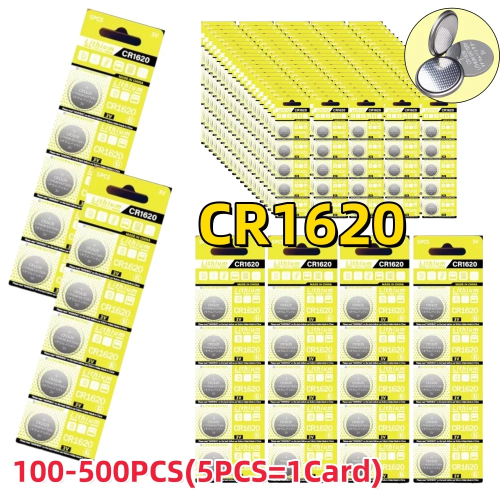 100-500PCS CR1620 Lithium Button Battery DL1620 BR1620 ECR1620 LM1620 CR 1620 KCR1620 30mAh Coin Cell Watch Calculator Batteries