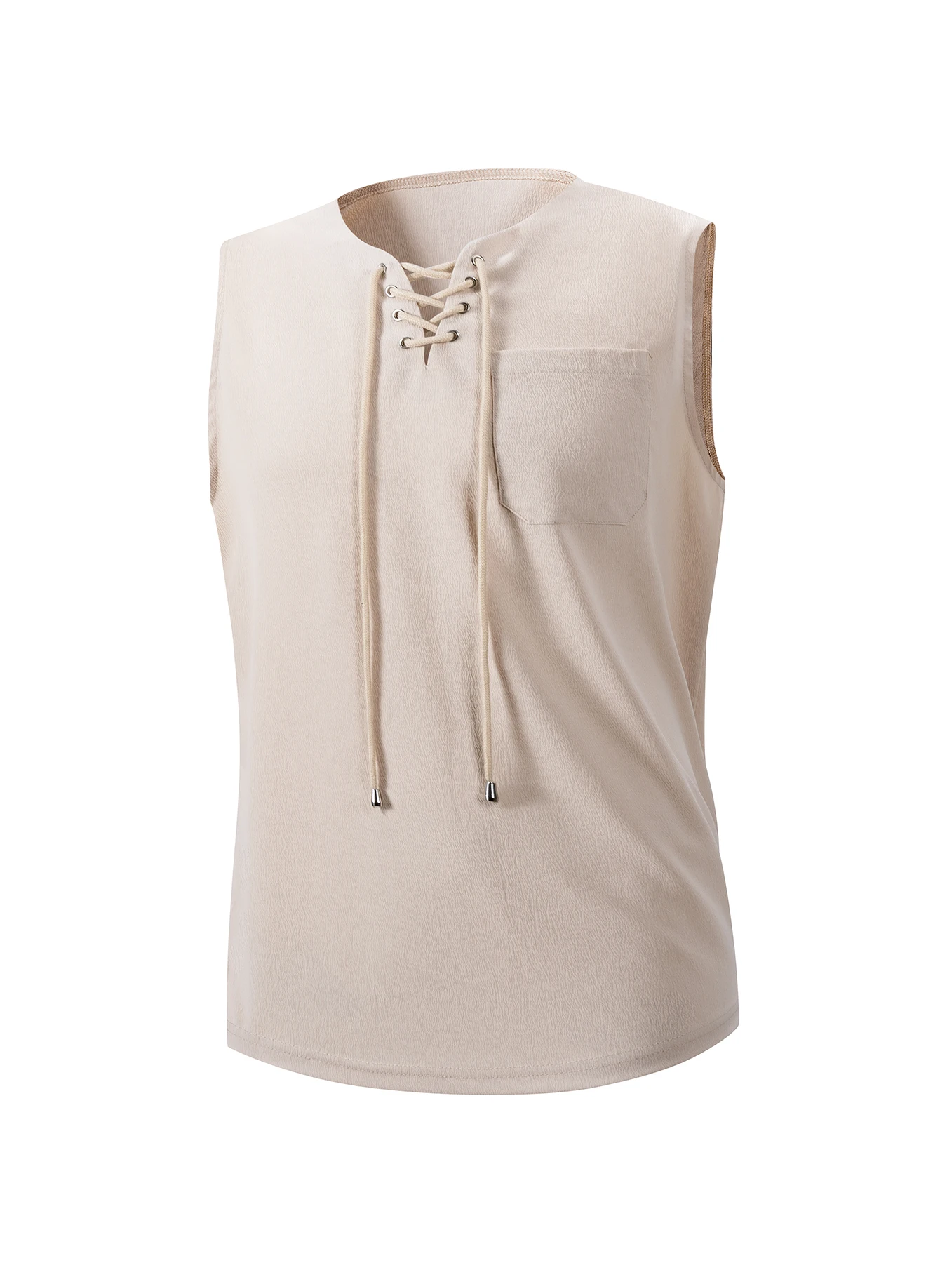 Men Solid Textured Sleeveless Tank Shirt Front Lace Up V Neck Single Pocket Vest Breathable Loose Fit Daily Casual Athletic Top