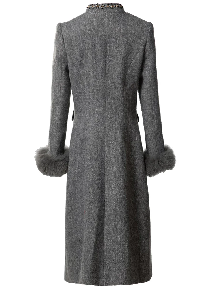 Dresses For Women 2024 Luxury Brand Autumn Wool Tweed Coat Stand Collar Feathers Long Sleeves Dial Buckle Outerwear