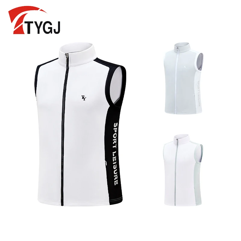 TTYGJ Golf vest men's windproof vest stand collar slim fit jacket casual men's sleeveless sports top