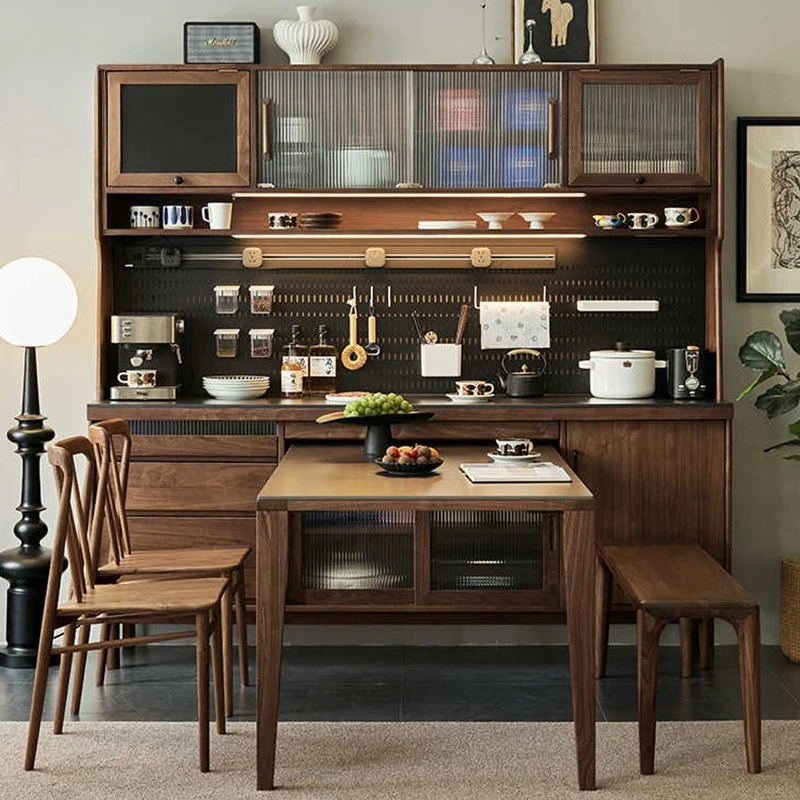 Black walnut furniture sideboard, solid wood can be embedded into the dining table, wall-mounted integrated tall cabinet storage