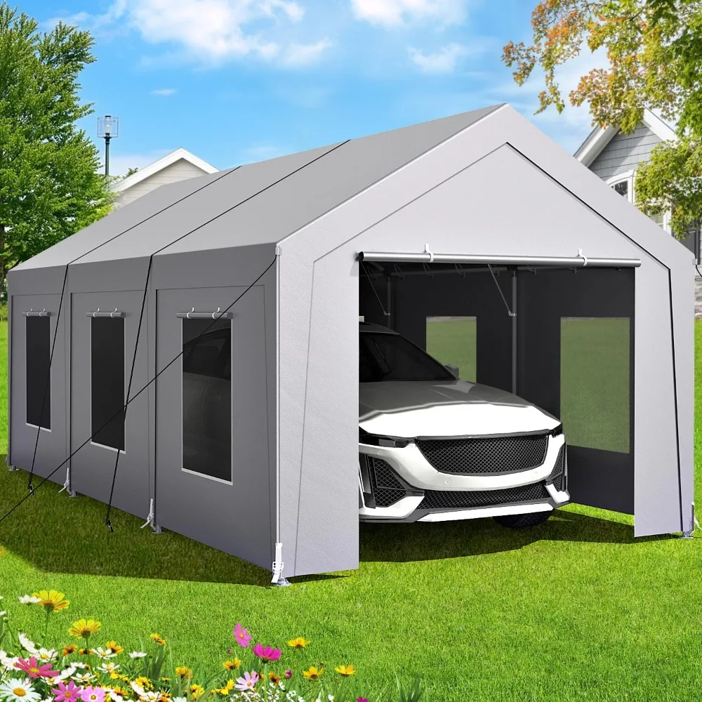 

Carport 10x20 ft Heavy Duty, Car Port with Reinforced Steel Frame and 6 Roll-up Windows, Portable Garage with Sturdy Ground Nail