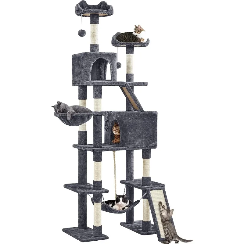 82.5in Large Cat Tree, Multi Level Cat Tower w/2 Cozy Condos, 2Cat-Ear Perches, Scratching Posts, Hammock, Basket, Cat Furniture