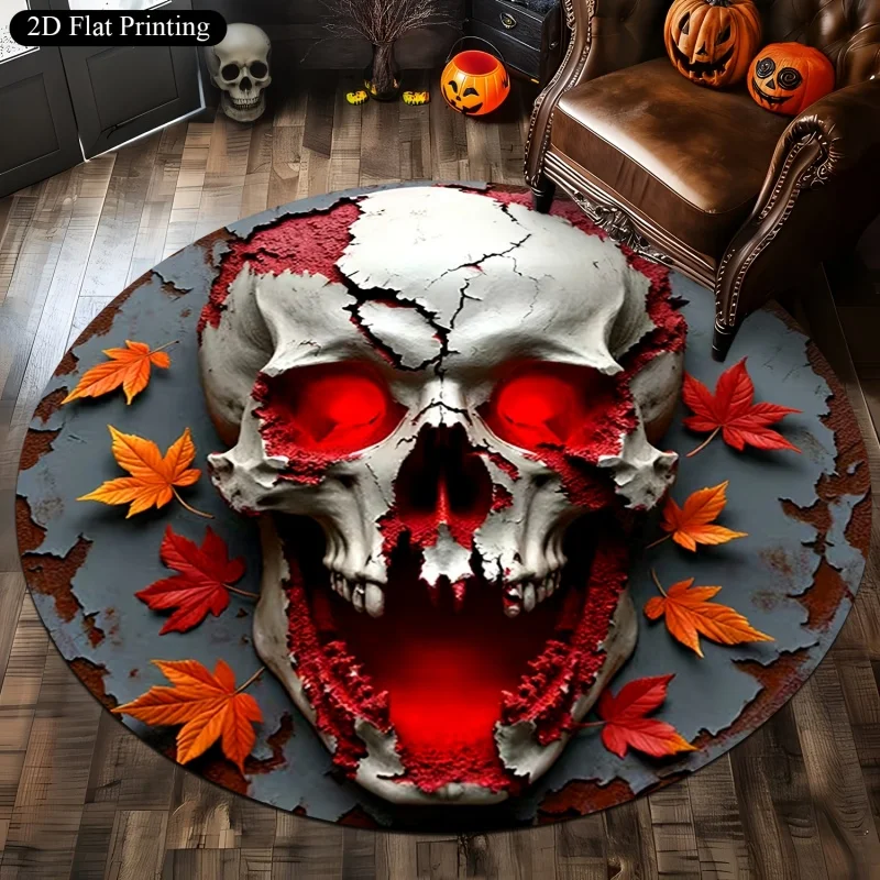 Cracked Red‑Eye Skull Gothic Halloween Round Rug,Maple Leaf Printed Circular Floor Mat, Spooky Indoor Living Room Home Decor