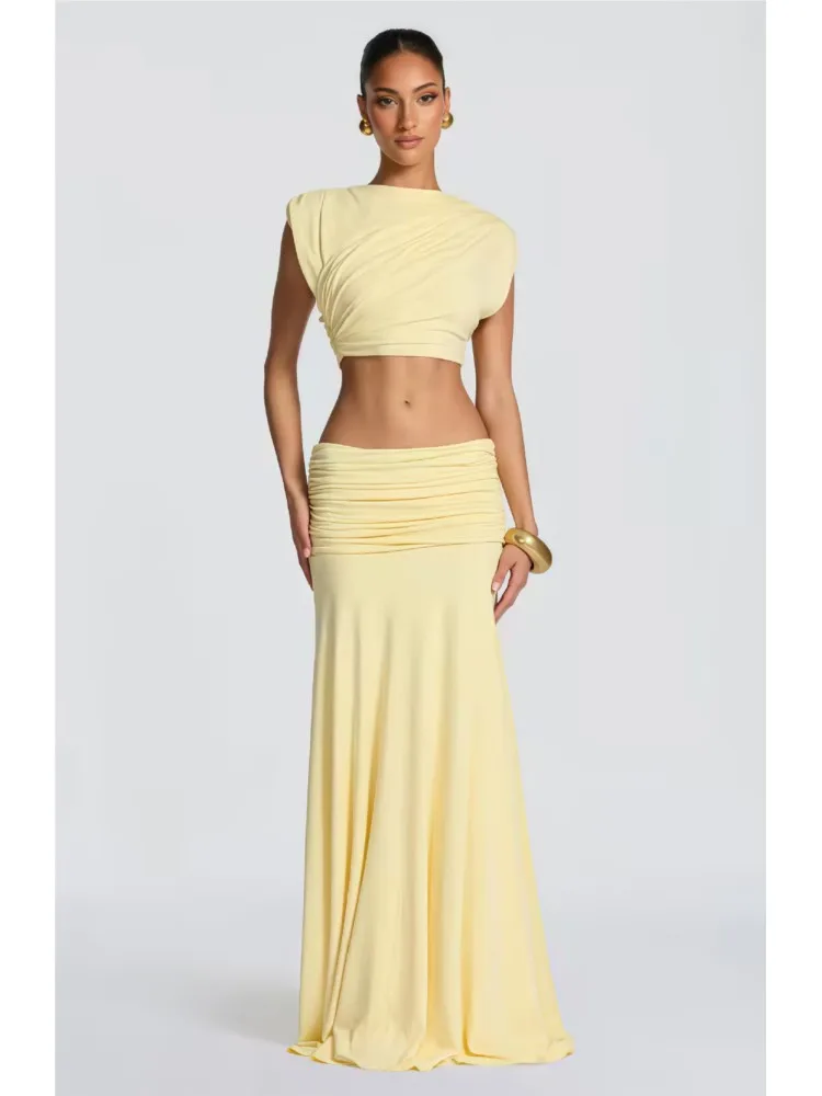 

Pleated Hot Girl Sleeveless Short Top Skirt Two-piece Suit Summer Women's Casual Round Neck Long Skirt Suit Conjuntos Femininos