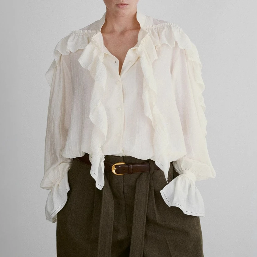 

Gagarich 2025 Spring New Product Korean Designer Niche Fashion Ear Edge Strap Drawn French Elegant Shirt Top