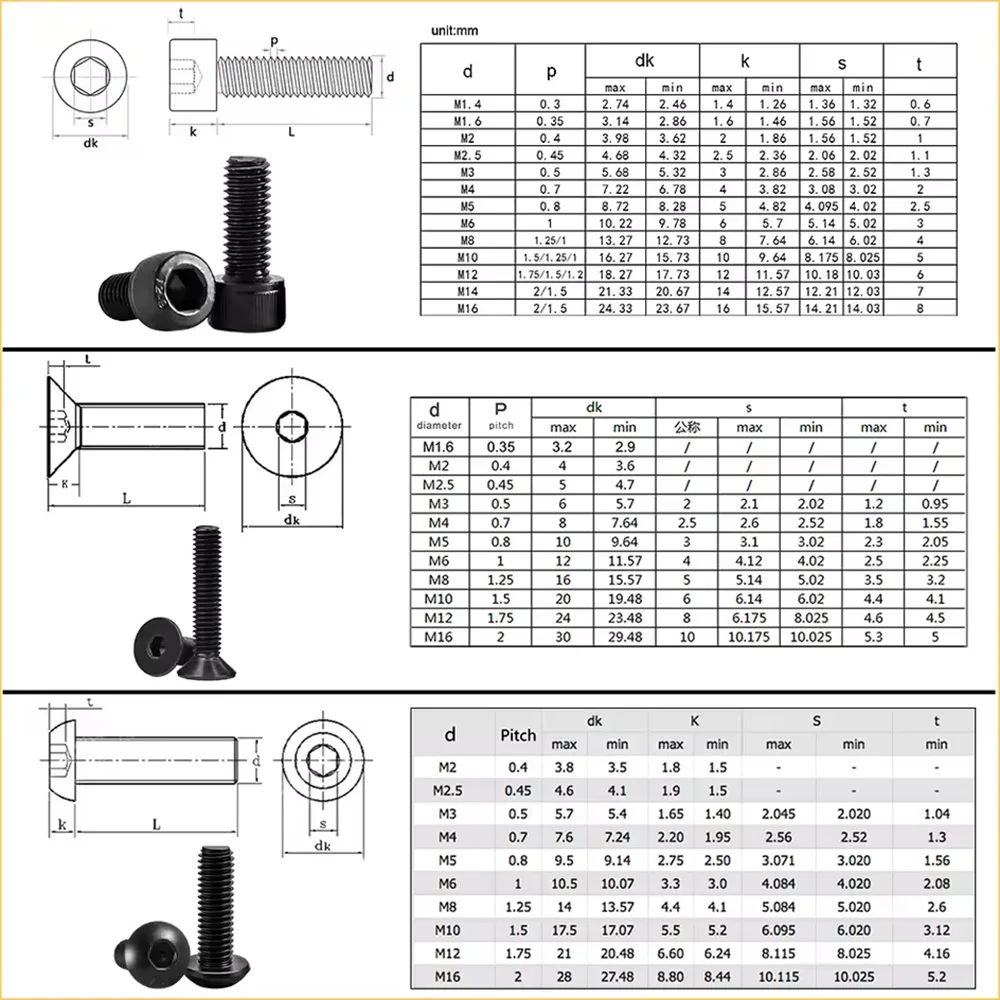 DIN7991 Countersunk Cap Allen Screws DIN912 Button Head Bolt Black Carbon Steel  ISO7380 Hex Socket Screw M2M2.5M4M5M6 M3 Screws