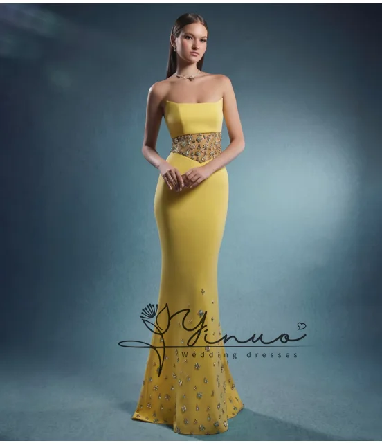 

Yellow Party Dresses Strapless Sleeveless Crystal Beading Mermaid Prom Gown for Pageant Sweep Train Robe Soiree Evening Dress