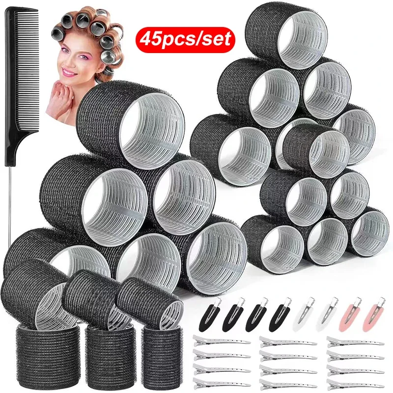 

45pcs/set Self-grip Hair Rollers With Clips Black Heatless Roller Jumbo Sticky Hair Roller Set Salon Hair Dressing Curlers