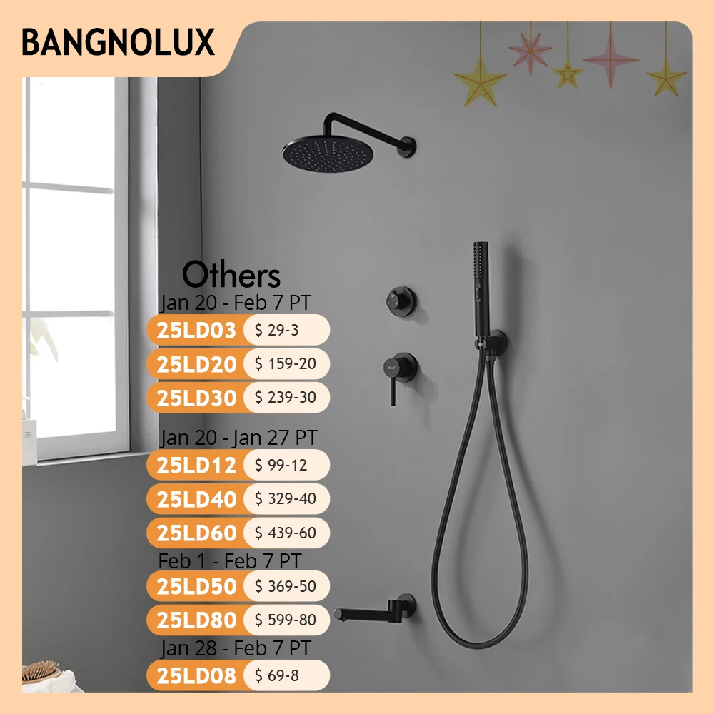 Bagnolux Brass Matte Black Wall Embed Mount 3-Function Concealed Shower System 10 Inch Top Rain Spray Bathroom Faucet