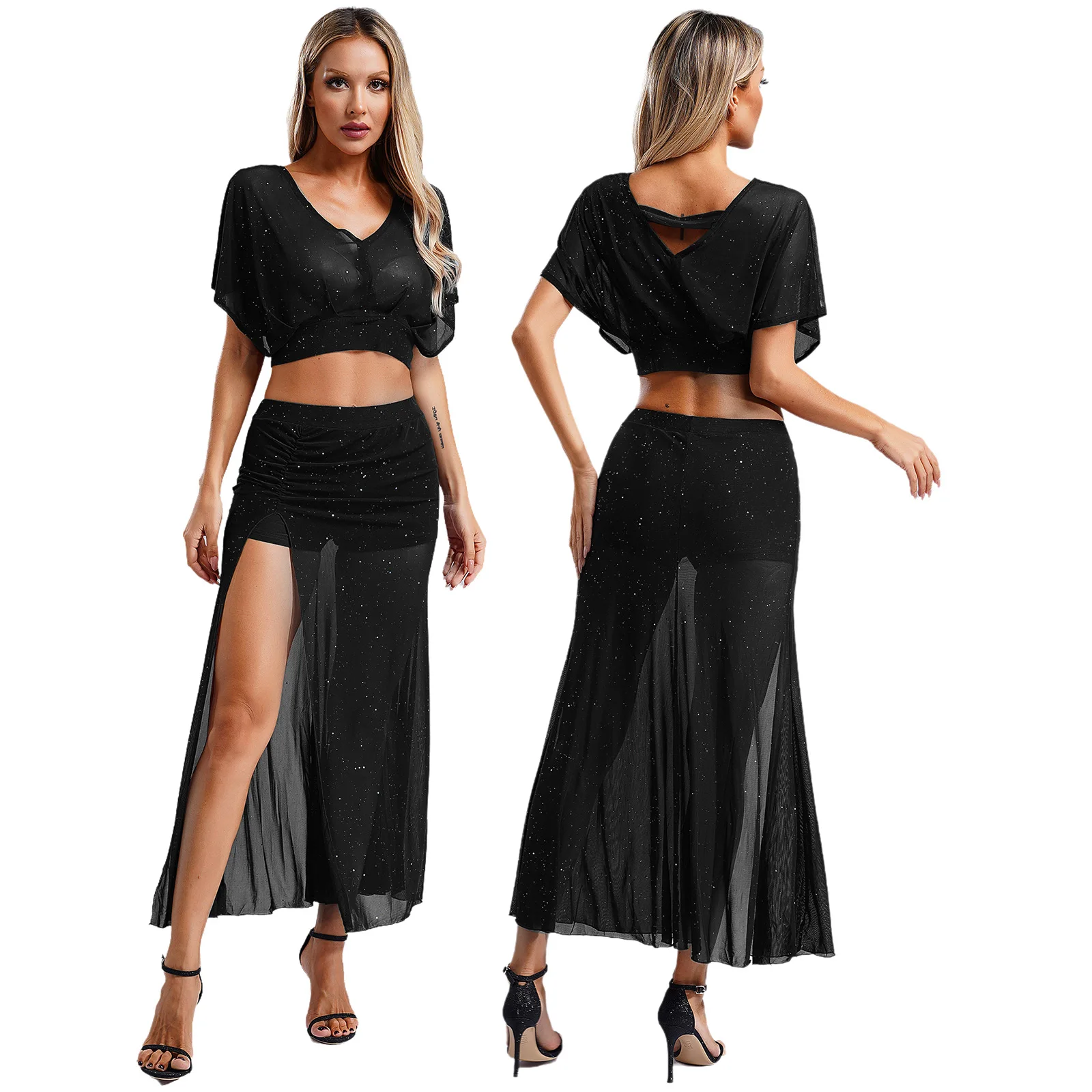 Volwassen Womens Lyric Moderne Jazz Buikdans Jurk Kostuum Glanzende Sheer Mesh Rok Danskleding Voor Muziek Show-Podium Avond Partywear