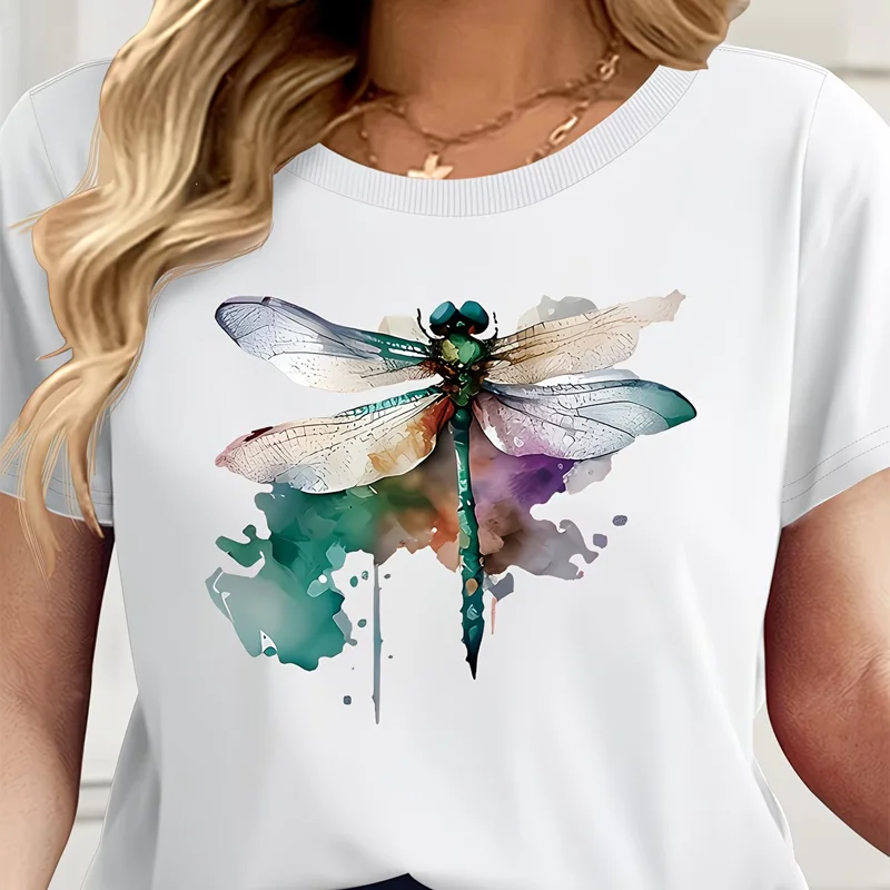 Round neck short sleeved watercolor style dragonfly print men's T-shirt casual daily wear women's soft sportswear basic top