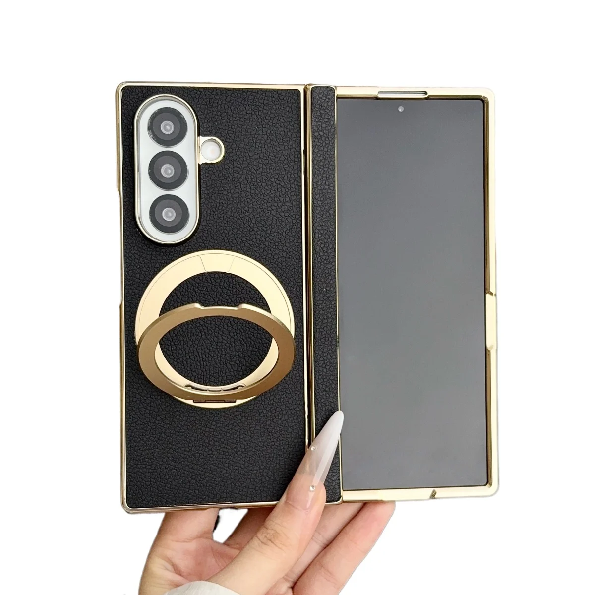 Magnetic Leather Phone Case For Samsung Galaxy Z Fold 7 8 Ultra With Electroplated 360 Rotating Bracket Hinge Protective Cover