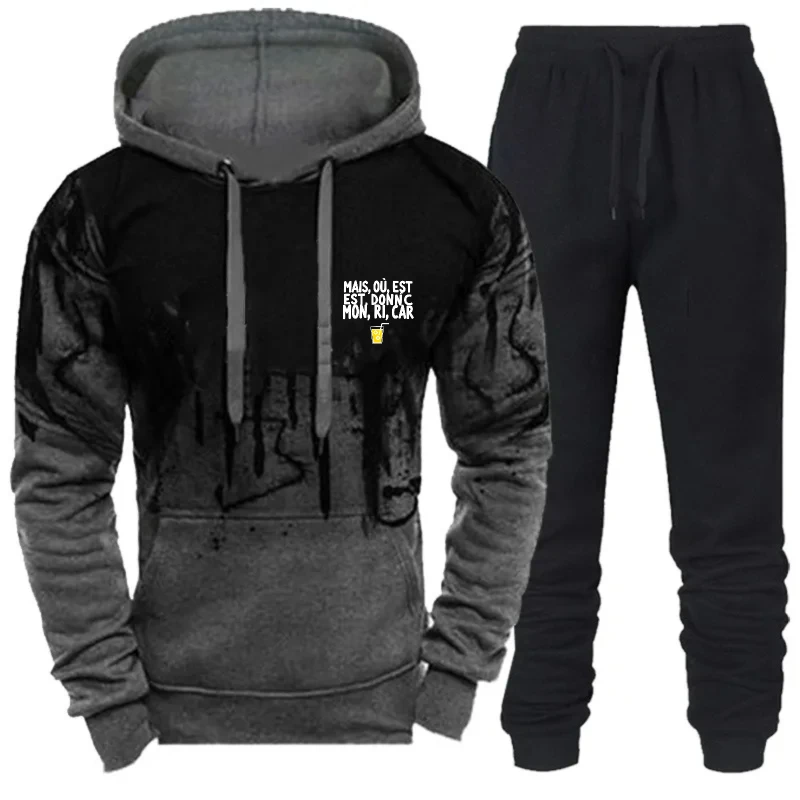 Setelan Hoodie Pria Hitam Abu-abu dengan Grafis dan Teks Cetak, Sweatshirt Kasual untuk Olahraga, Gym, dan Streetwear
