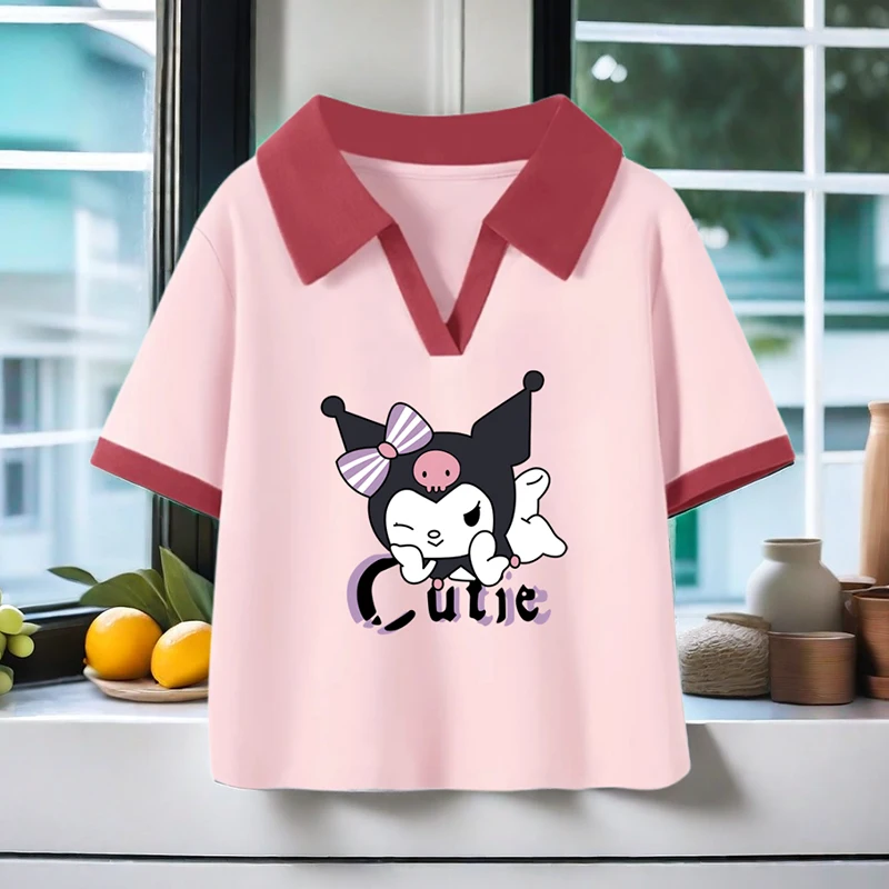 Sanrio 2024 New Girls T-Shirt Short Sleeve Polo Shirt Kuromi Cartoon Summer Clothes Children's Lapel Cotton Top Girls Gift