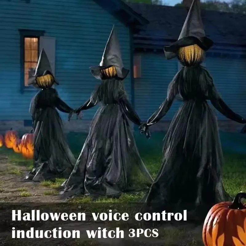 Light-Up Witches with Stakes Halloween Decorations Outdoor Holding Hands Screaming Witches Sound Activated Sensor Decor Props